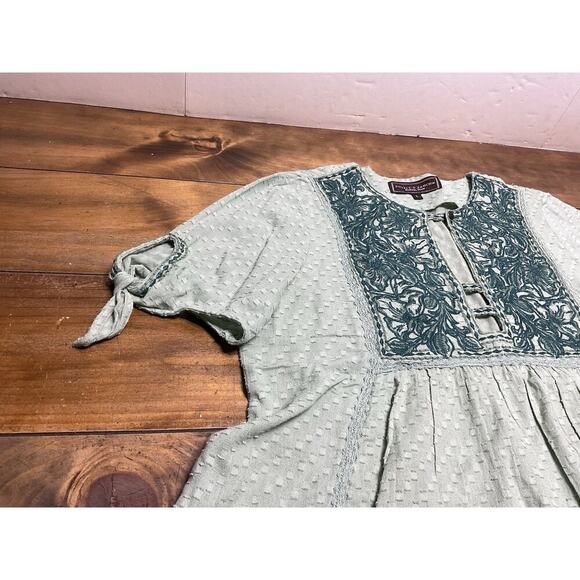 Double D Ranch Embroidered Top Women's Large Green Tie Sleeve BOHO Western - Picture 4 of 12